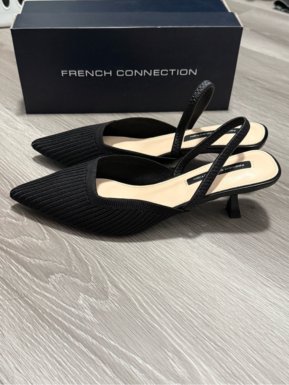 French Connection Black Pointed Knit Slingback Heels